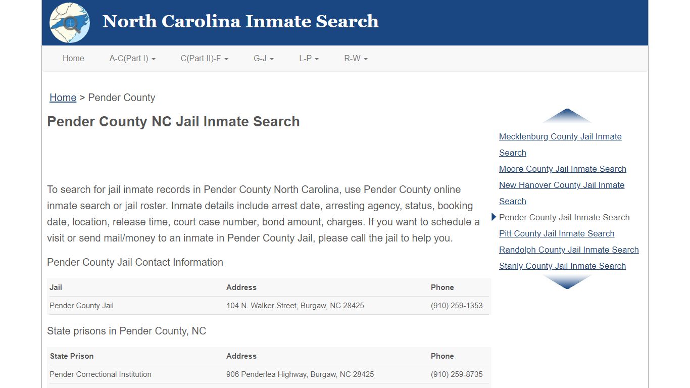 Pender County NC Jail Inmate Search