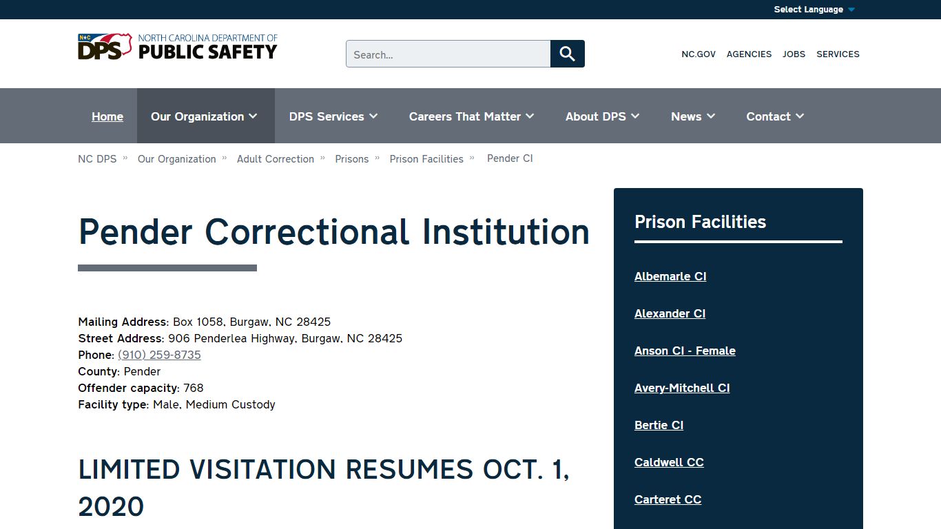 NC DPS: Pender Correctional Institution